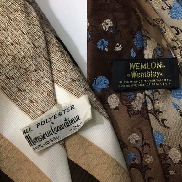 2 Vintage Men’s Neck Ties Retro Business Office Casual Tan Stripe & Brown Floral - Picture 9 of 11